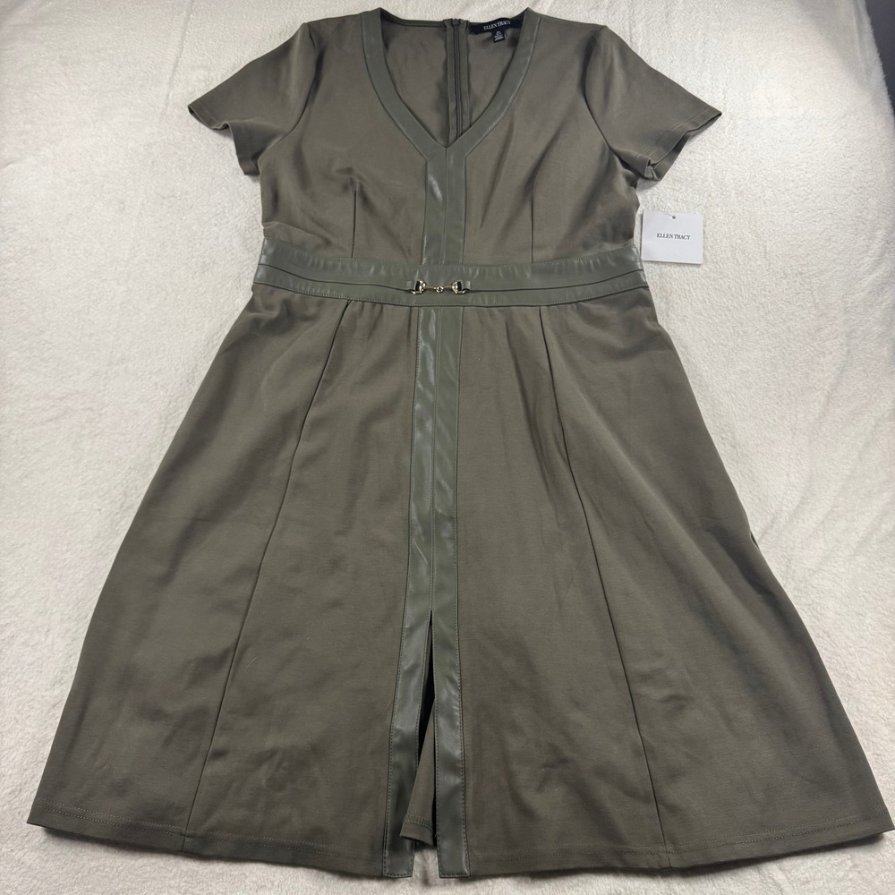 Ellen Tracy Olive Green Fit & Flare Dress Faux Leather‎ Trim Work Career